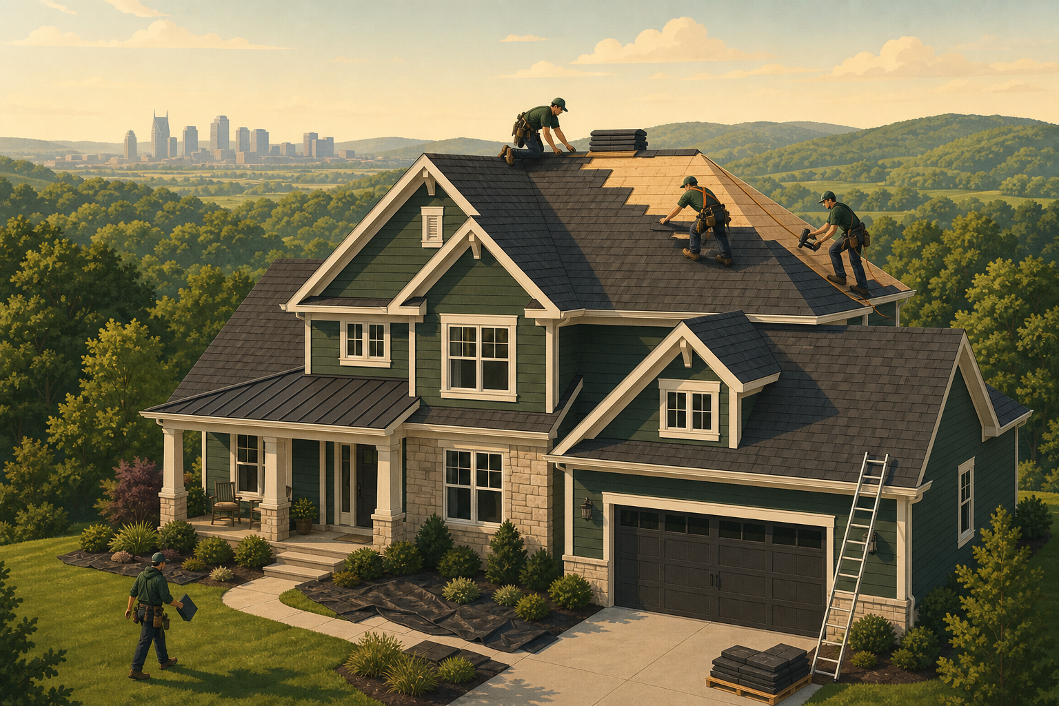 Full architectural shingle re-roof on a two-story Nashville home